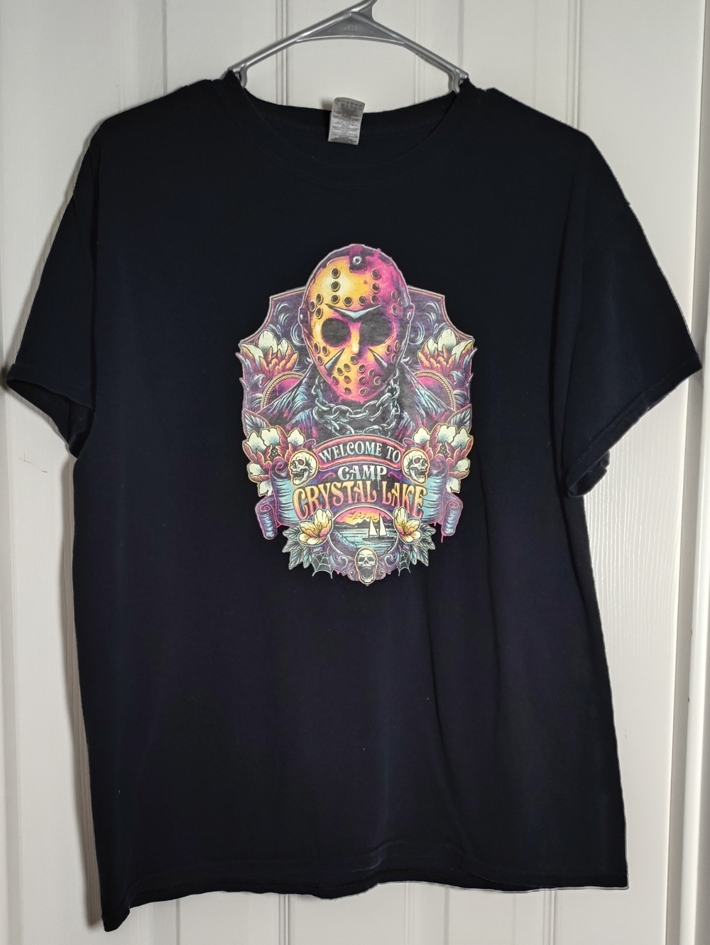 🍡Gildan Black Graphic Camp Crystal Lake Tee with Multicolor Mask Design